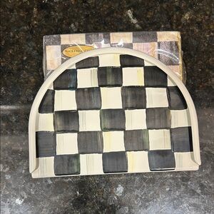 MacKenzie-Childs Checkered Napkin Holder in Black and Cream. With napkins (2)